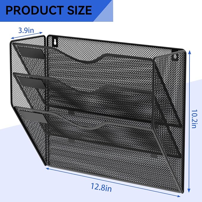3 Pockets Hanging Wall File Organizer Mail Holder, Wall Mounted Paper Document Folder Holder, Clipboard Storage Organization Magazine Rack, Black - Image 3