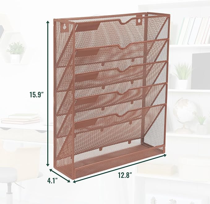 6 Tier Mesh Hanging Wall File Organizer, Desk Vertical Mail Paper Document Folder Holder Rack with Bottom Tray and Nametag Label for Office Home School, Brown - Image 2