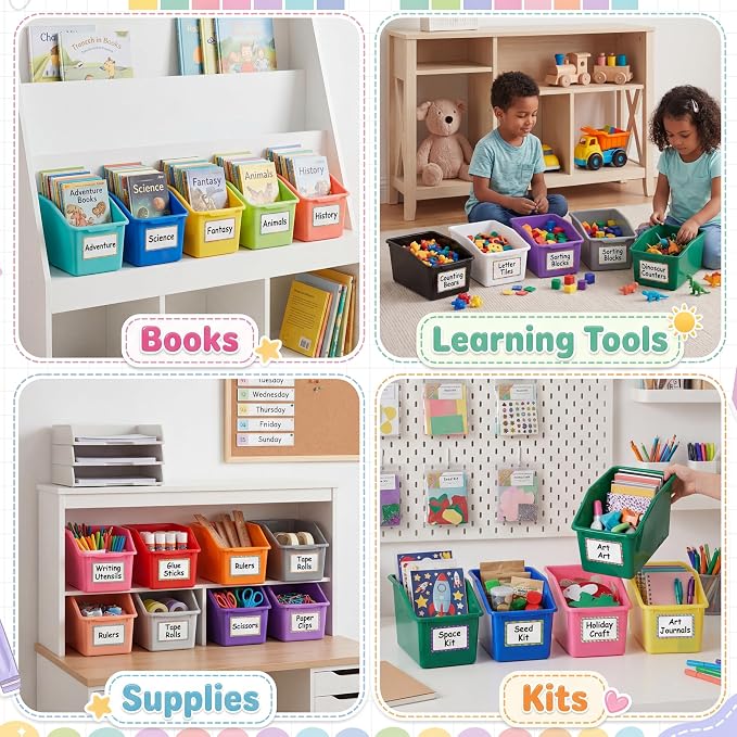 36 Pcs Plastic Book Bins for Classroom Library Colorful Scoop Front Cubby Bins Stackable Toy Storage Containers with Handles for School Home Office Nursery Daycare (Bright Color) - Image 4