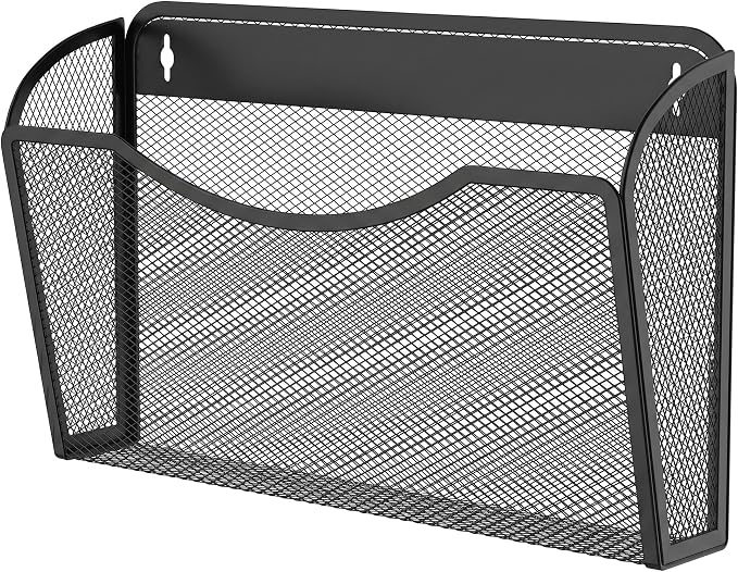 MINDEPOT Wall File Organizer, Hanging Wall File Holder, 1 Pack, Black | Heavy Duty Iron, Metal Mesh Wall Mount, Single Pocket, Mail Organizer, for Office School Classroom Home, Letter A4 Size by MINDEPOT