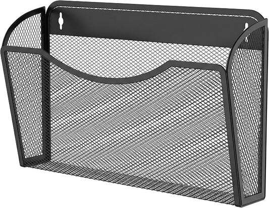 MINDEPOT Wall File Organizer, Hanging Wall File Holder, 1 Pack, Black | Heavy Duty Iron, Metal Mesh Wall Mount, Single Pocket, Mail Organizer, for Office School Classroom Home, Letter A4 Size by MINDEPOT