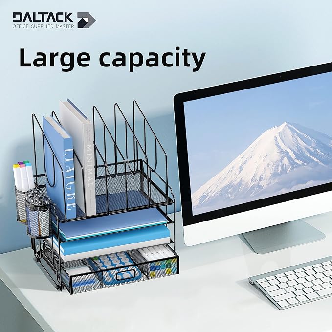 DALTACK 4-Tier Mesh Desk Organizer with Drawer, Desktop Organizer with 5 Vertical File Holders and 2 Pen Holders, File Organizer for Desk, Multifunction Office Desk Accessories, Black - Image 2