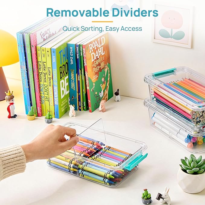 Vtopmart 4 Pack 1.5Qt Clear Pencil Box, Plastic Pencil Holder with Removable Divider for Pen Organizer, Small Stackable Containers with Lid for Pen, Art Craft, Sticker, Scrapbook & Office Supplies - Image 3