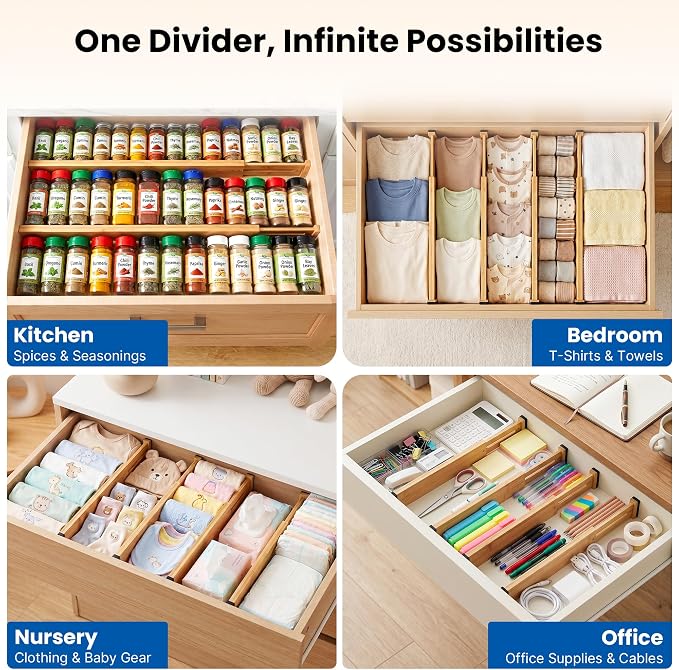 4 Pack 2.36" Bamboo Drawer Dividers, 17-22" Expandable Kitchen Organizers | Adjustable Spring-Loaded Tension Separators with Foam Pad for Clothes, Utensils, Kitchen, Dresser, Nursery & Bathroom - Image 7