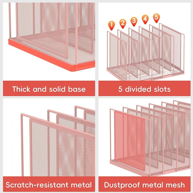 File Organizer for Desk, 5-Section Vertical File Sorter, Paper Holder Organizer Standing Metal File Folder for Office Home Classroom, Pink - Image 5