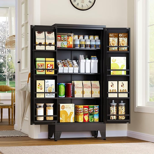 Metal Kitchen Pantry Cabinet, Storage Cabinets with 2 Door and 3 Adjustable Shelves, Black Freestanding Food Storage Cabinet, Steel Cupboard for Kitchen Dinning Room