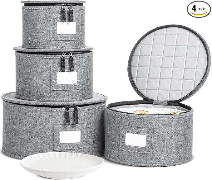 4-Piece Quilted China Plate Storage Set | Felt Dividers | Gray | 4-Piece Quilted Plate Set - Dinner, Salad, Dessert & Saucer Cases, 12 Plates Each. Felt Dividers, Dual Zippers. by storageLAB