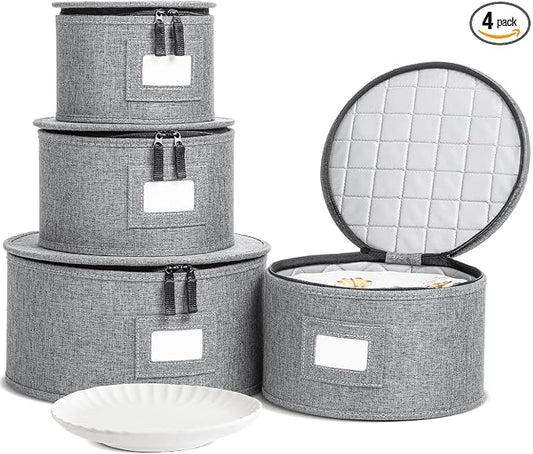4-Piece Quilted China Plate Storage Set | Felt Dividers | Gray | 4-Piece Quilted Plate Set - Dinner, Salad, Dessert & Saucer Cases, 12 Plates Each. Felt Dividers, Dual Zippers. by storageLAB