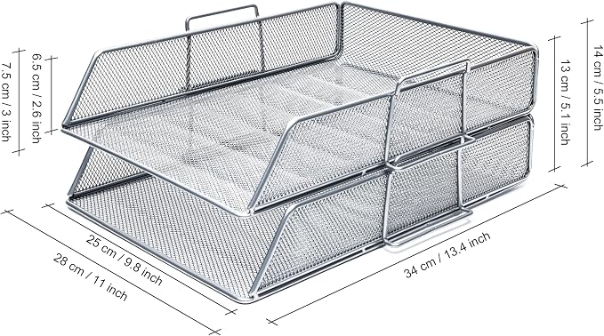 EXERZ Paper Sorter 2pcs Tier Stackable A4 Desk Organiser Letter Tray Silver | Durable Metal Mesh Holds Papers Files Folders Notebooks And Magazines For Office Home Study Classroom Desks - Image 2