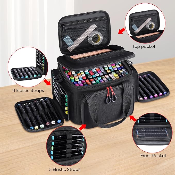 Large Marker Organizer Case for 200-300 Markers, Art Marker Storage Bag with Removable Dividers & 4 Pockets for Paint Markers, Shoulder Strap, Pencil Alcohol Marker Holder - Image 5