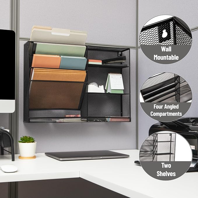 Mind Reader 4-Tier Vertical File Storage and Shelves, Desktop Organizer, Wall Mount, Office, Metal Mesh, 22.5"L x 4"W x 16"H, Black - Image 4