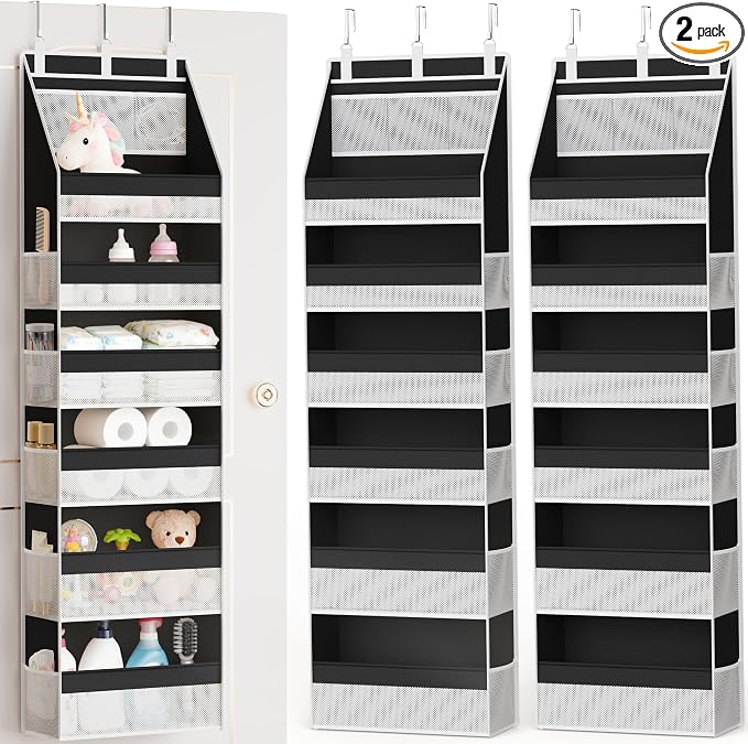 2 Pack Over the Door Organizer, Heavy-Duty 6-Shelf Hanging Storage with 13 Mesh Pockets, 55lbs Capacity Behind the Door Storage for Nursery, Bathroom, Bedroom, and Dorm, Black by Criusia
