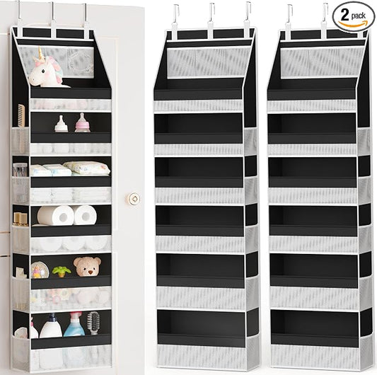 2 Pack Over the Door Organizer, Heavy-Duty 6-Shelf Hanging Storage with 13 Mesh Pockets, 55lbs Capacity Behind the Door Storage for Nursery, Bathroom, Bedroom, and Dorm, Black by Criusia