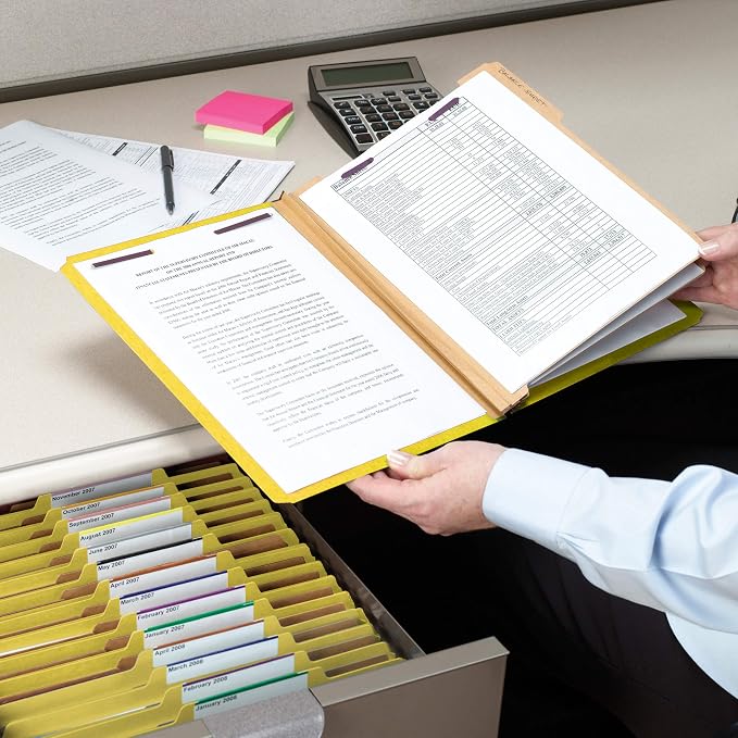 Smead Pressboard Classification File Folder with SafeSHIELD® Fasteners, 3 Dividers, 3" Expansion, Letter Size, Yellow, 10 per Box (14098) (Pack of 1) - Image 2