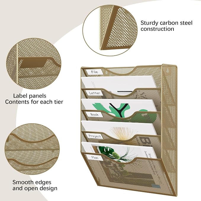 EasyPAG Wall File Organizer 5 Tier Hanging Paper Folder Holder, Zero Assembly Metal Mesh Wall Mounted Mail Organizer for Office Home Classroom Narrow Spaces, Gold - Image 3