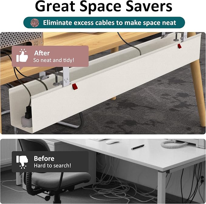 Extra Large 48" Under Desk Cable Management Tray for Standing Desk, No Drill Clamp On Wire Hider, Heavy Duty Anti-Sag Cord Organizer, Cable Tray for Studio & Dual Monitors (Beige, 47.8") - Image 6