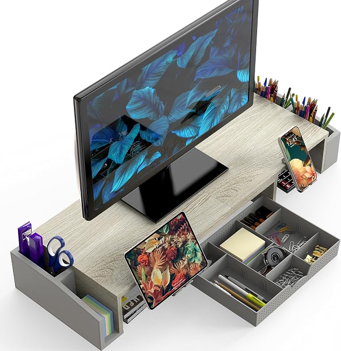 Simple Houseware Desk Dual Monitor Stand Riser with Drawer, Maple | Customizable Organizer Tray, Built-In Phone & Tablet Slot and Side Storage - Image 2