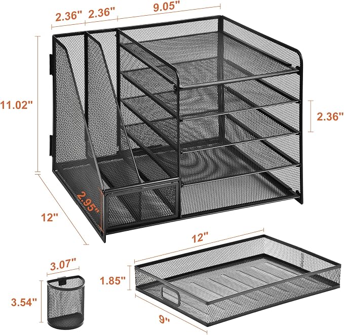 Marbrasse Desk Organizer with File Holder, 5-Tier Paper Letter Tray Organizer with Drawer and 2 Pen Holder, Mesh Desktop Organizer and Storage with Magazine Holder for Office Supplies(Black) - Image 6