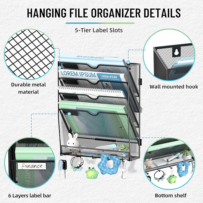 5-Tier Wall File Organizer with 5 Hooks, Wall Mounted Mail Organizer | File Holder Organizer, Metal Mesh Office Wall Organizer for Home, School & Classroom - Image 3