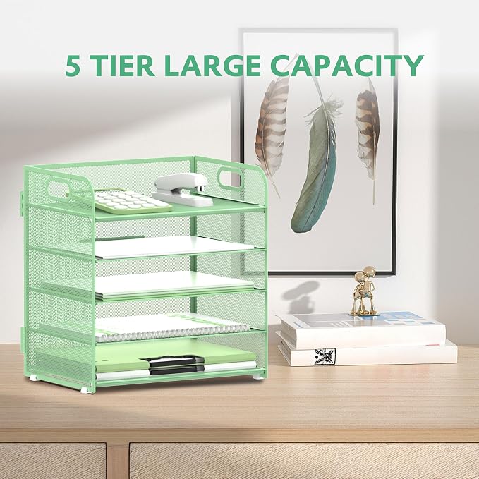 5 Trays Paper Organizer Letter Tray with Handle-Mesh Desk File Holders, Paper Sorter Desk Organizer for Office, Home, Classroom or School(Mint Green) - Image 4
