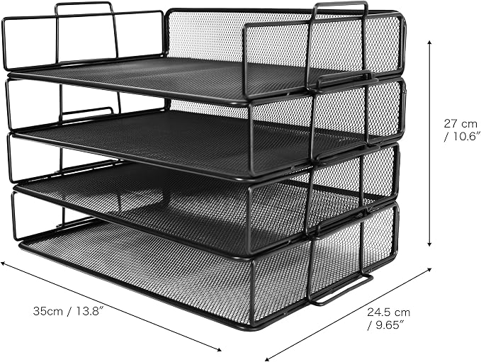 Exerz Letter Trays 4pcs Black Paper Sorters Stackable, 4 Tiers File Trays, Desk Organizer - Metal | 4 Tier Metal Mesh Stackable Saves Desk Space Holds A4 Papers Folders Notebooks Magazines For Office Home School - Image 2