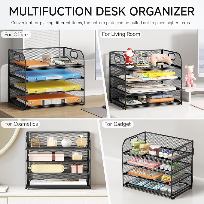Lavatino Paper Organizer for Desk, 4-Tier Desk Organizer Tray, Mesh Desktop File Organizers with Handle, Office Classroom Organization and Storage-Black - Image 5