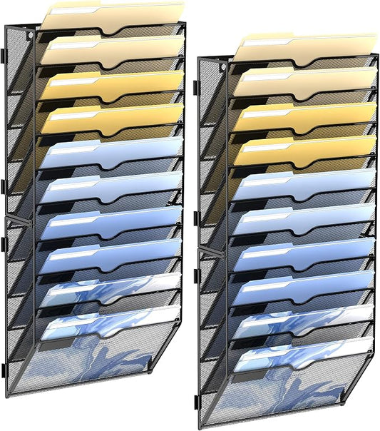 DALTACK 10 Tier Wall File Organizer, Mail Organizer Wall Mounted, 2 Pack | Hanging File Organizer for Papers&Clipboard&Magazine, Suitable for Office Home School Classroom, Assembly Needed, Black by DALTACK
