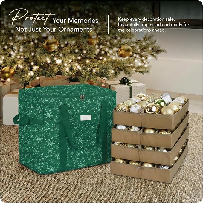 Covermates Keepsakes Adjustable Ornament Storage Bag – Heavy-Duty Polyester, Padded Dividers & FlexGrid Trays – Protective Holiday Ornament Organizer with Handles & Label Window, Green Snowflake - Image 2
