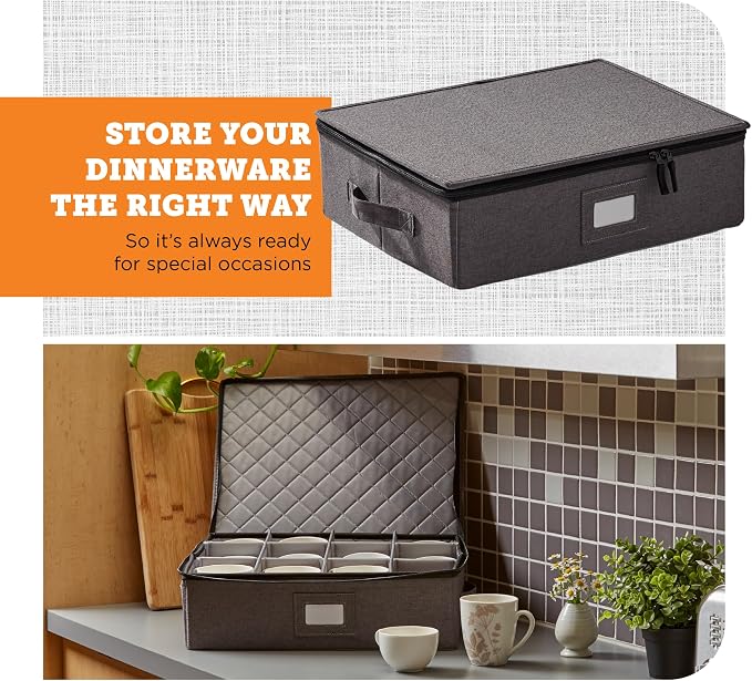 Cup & Mug Storage Case | Hard Shell Felt Dividers | Gray | Hard Shell Case Holds 12 Cups Or Mugs In 4x4 Felt Compartments. Stackable, Top-Load, Dual Handles. Also Fits Wine Glasses. - Image 2