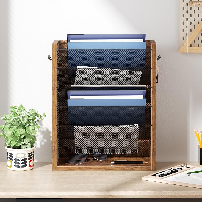 Mail Organizer Wall Mounted, 6-Slot Hanging File Organizer with Key Holder | Mail Sorter, Wood Letter Holder for Envelopes Bills Magazine Folders Papers Accessories for Home Office, Rustic Brown - Image 2