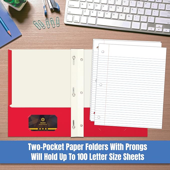 Letter Size Paper Portfolios by Better Office Products, Case of 100, Assorted Primary Colors, with Fasteners (Contemporary, 2 Pocket Paper Folders with Fasteners) - Image 3