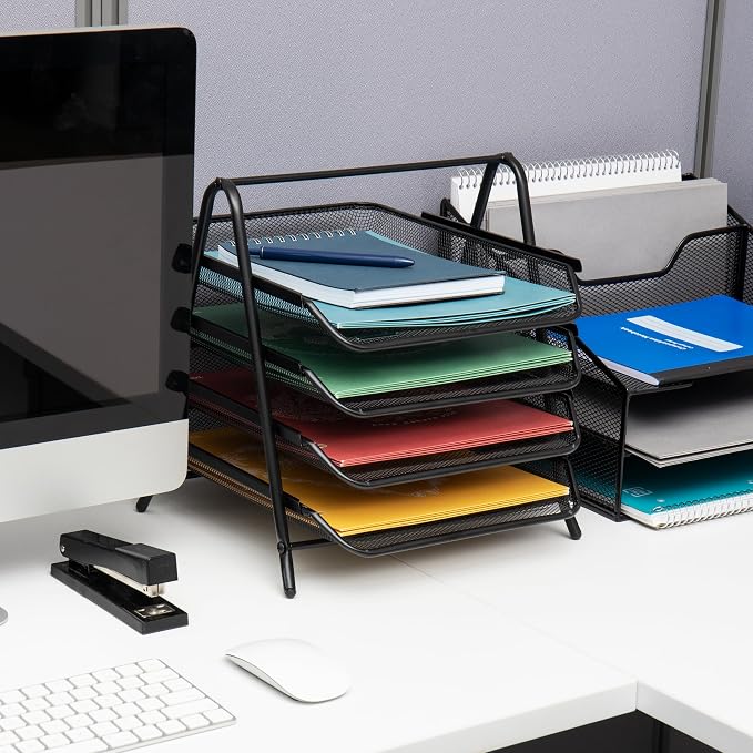 Mind Reader 4-Tier Paper Tray, Desktop Organizer, File Storage, Office, Metal Mesh, 12" L x 13.75" W x 12.5" H, Pack of 2, Black - Image 2