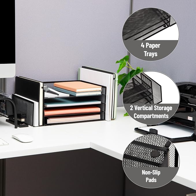 Mind Reader Desktop Organizer, File Storage, Paper Tray, Workspace, Office, Metal Mesh, 16.75"L x 9.15"W x 6"H, Black - Image 4