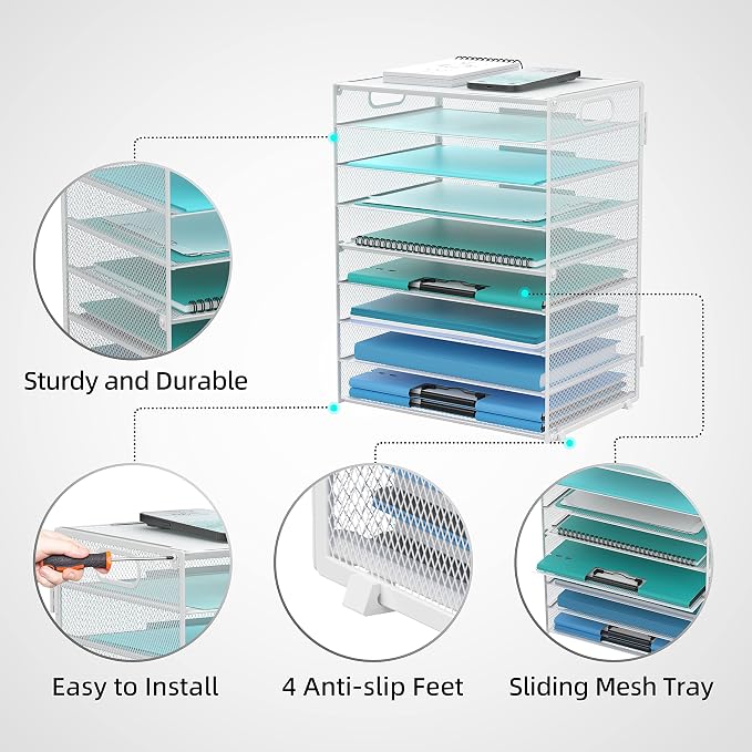 9-Tier Paper Organizer for Desk, Metal Mesh Letter Tray with Handles, White | Desk File Organizer with Removable Trays for Sorting Files, Folders, Mail and Printer Paper at Home, School or Office - Image 4