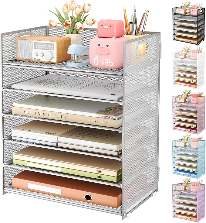 Subekyu 6 Tier Paper Organizer for Desk with Handle, Metal Mesh Desk Office File Folder Paper Letter Tray Accessories Organizer Sorter for Home, School, Office Desktop Document Organization - Silver by SUBEKYU