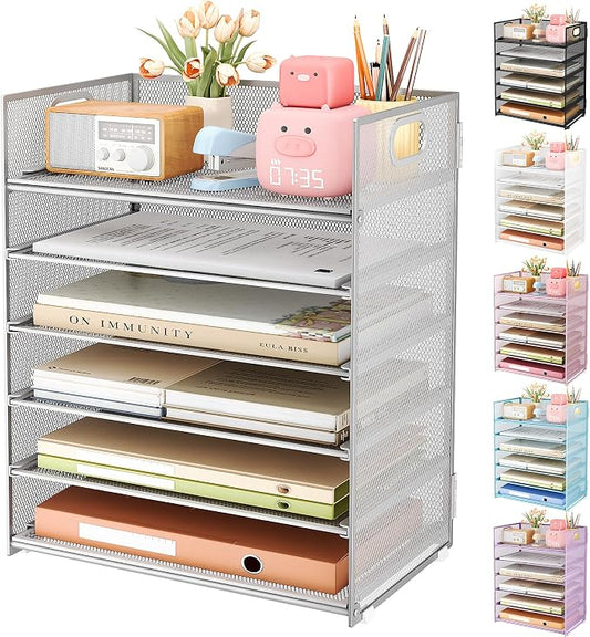 Subekyu 6 Tier Paper Organizer for Desk with Handle, Metal Mesh Desk Office File Folder Paper Letter Tray Accessories Organizer Sorter for Home, School, Office Desktop Document Organization - Silver by SUBEKYU