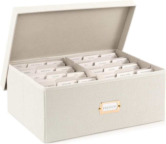 ZICOTO Decorative Photo Storage Box - Sturdy Linen Photo Organizer with Dividers is Perfect to Store Up to 1700 Pictures and 5x7 Photos - Portable Scrapbook Storage Containers with Lid by ZICOTO