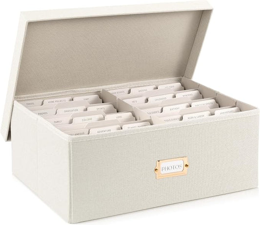 ZICOTO Decorative Photo Storage Box - Sturdy Linen Photo Organizer with Dividers is Perfect to Store Up to 1700 Pictures and 5x7 Photos - Portable Scrapbook Storage Containers with Lid by ZICOTO