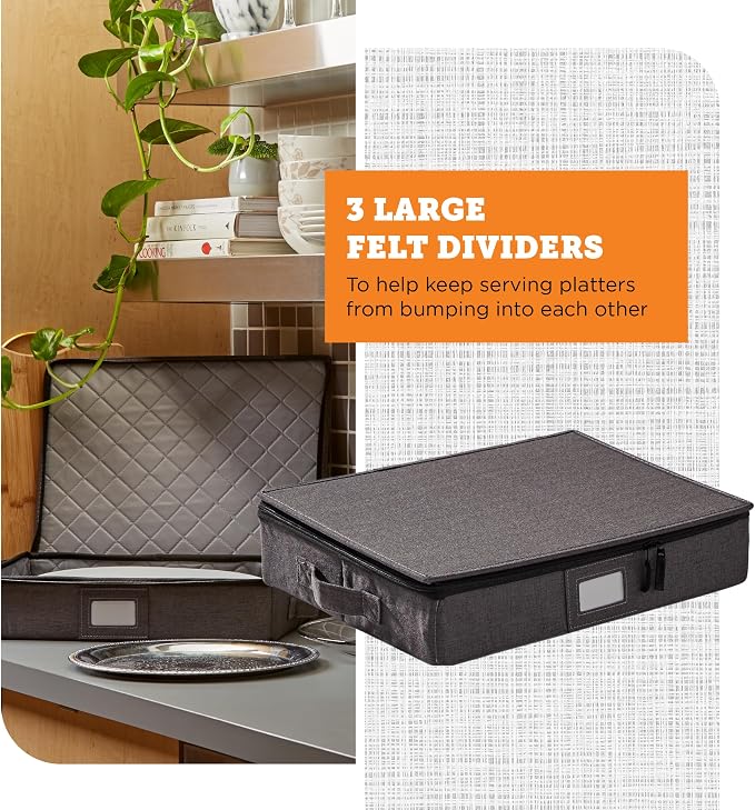 Hard Shell Platter Storage Container | Felt Dividers | Gray | Hard Shell Platter Case Holds 4 Large Serving Platters With Felt Dividers. Dual Zippers, Stackable, Dust-Free. - Image 6