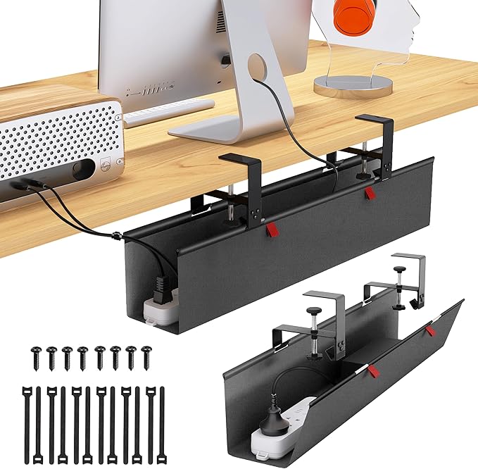 Under Desk Cable Management Tray - Under Desk Cord Management - Clamp/Screw Mount - Fabric Wire Management - Cable Raceways Tray Cord Hiders for Office/Home (Black, 28.6"×5.6") by Cotohim