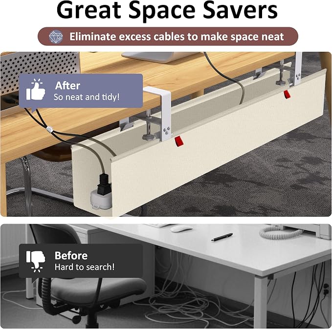 36" Under Desk Cable Management Tray for Home Office, No Drill Cord Organizer for Glass & Wood Table, Anti-Sag Oxford Fabric Wire Management Hider, Fits Surge Protector (Beige, 35.8") - Image 6