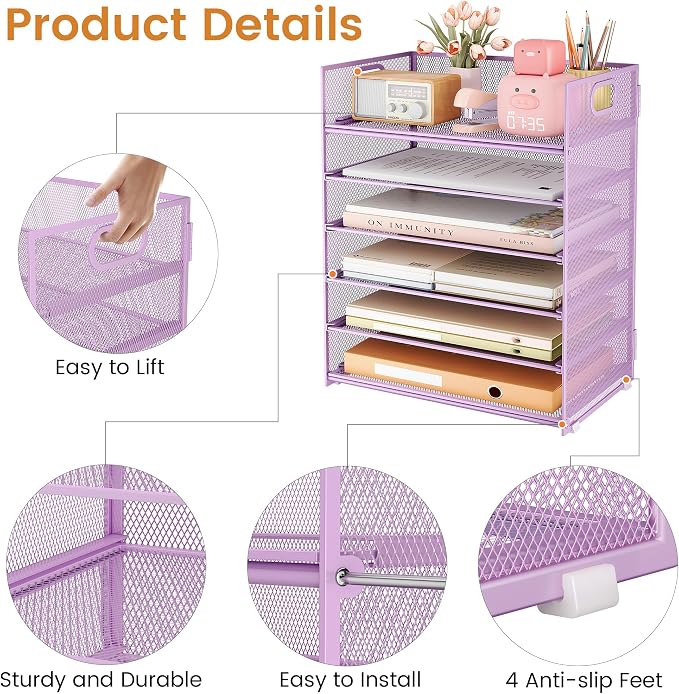 Subekyu 6 Tier Paper File Tray Organizer for Desk, Purple Mesh Desk Letter Paper File Folder Accessories Sorter Organizer with Handle, Stackable Slide Tray for Office, Home or School Supplies Storage - Image 5