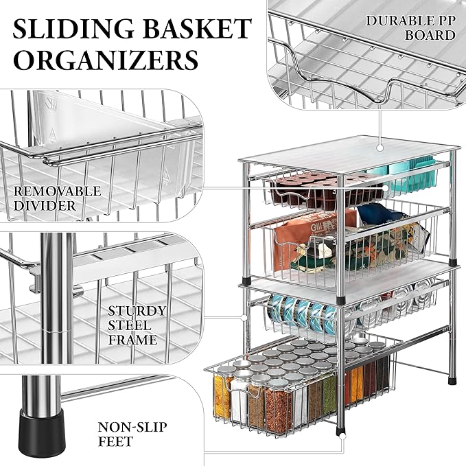 Simple Houseware Stackable 2 Tier Sliding Basket Organizer Drawer, Chrome - Image 4