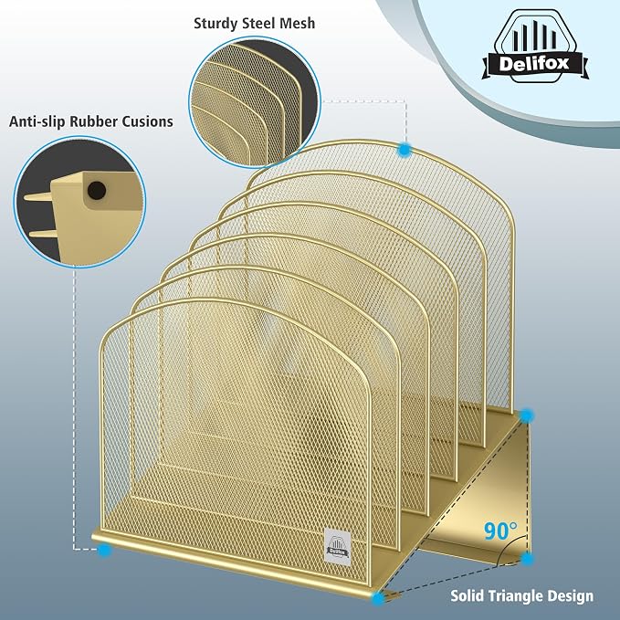 Delifox Inclined Desk File Organizer,Vertical File Folder Holder Stand Metal Rack File Sorter for Office Classroom Desktop Organization (1, Gold, 5) - Image 3