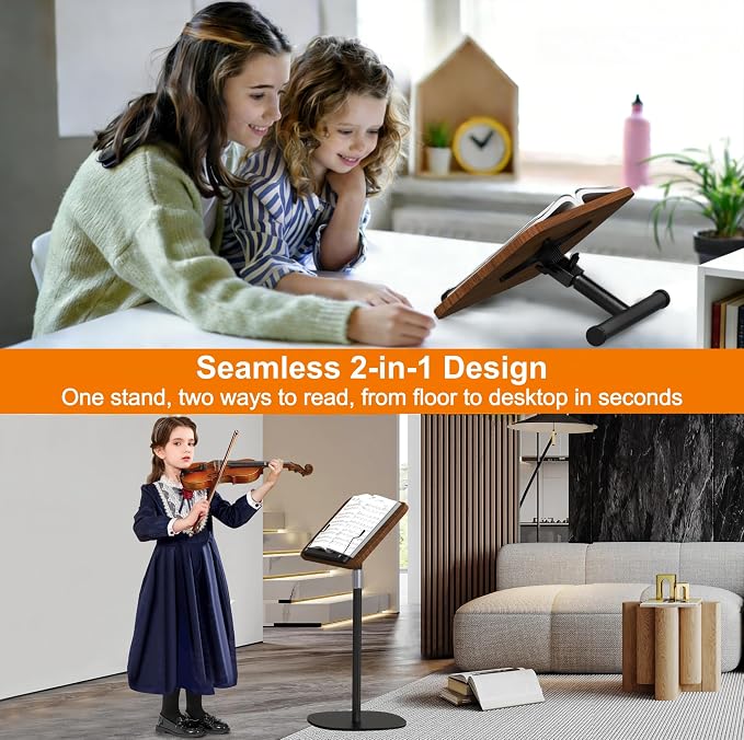 2-in-1 Floor Music Stand & Desktop Book Stand, 16.5"–51" Height Adjustable | Premium Wood Panel, Floor Reading Stand with Page Clip for Sheet Music, Cookbooks (Walnut Finish, 11.8" x 16.5" Panel) - Image 2