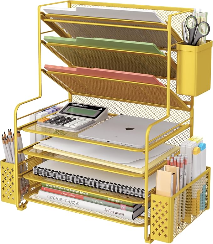 Simple Trending 7 Tier Desk File Organizer, Letter Tray Paper Organizer with Pen Holder and Metal Hanging Basket, Gold by SimpleTrending
