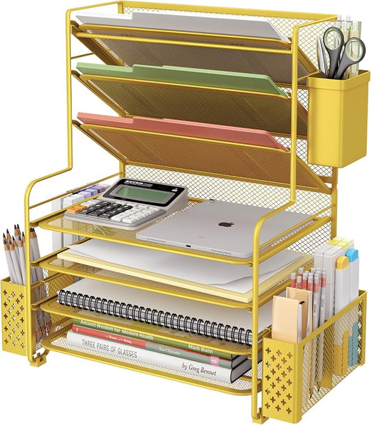 Simple Trending 7 Tier Desk File Organizer, Letter Tray Paper Organizer with Pen Holder and Metal Hanging Basket, Gold by SimpleTrending