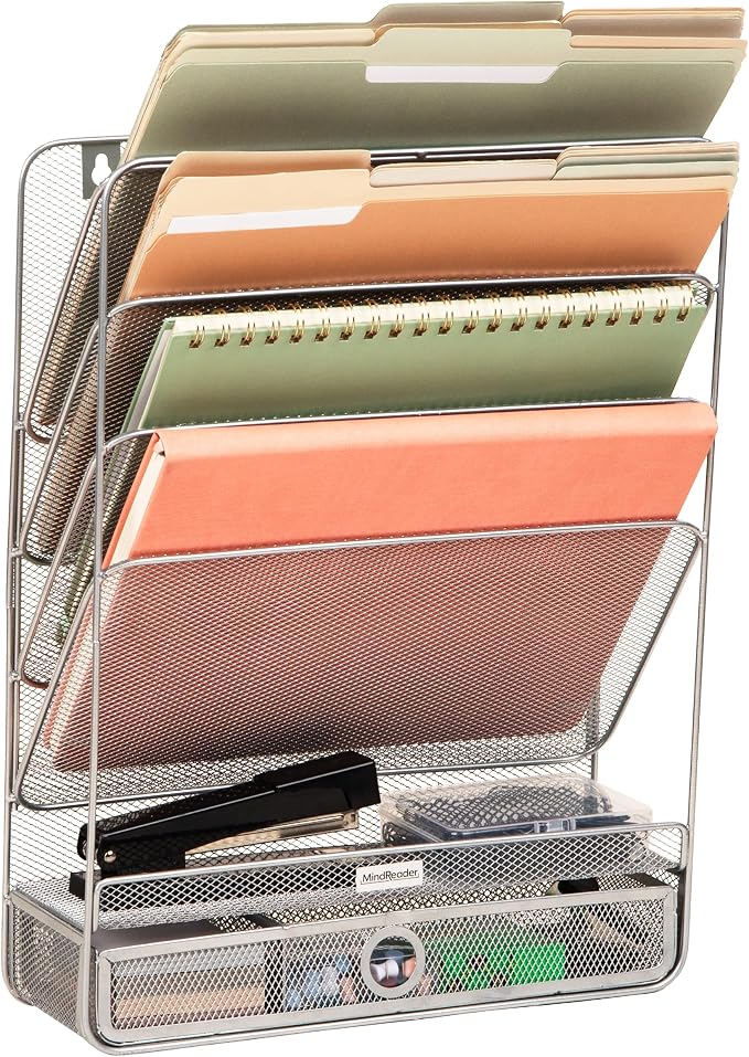 Mind Reader 4-Tier Vertical File Storage, Desktop Organizer, Wall Mount, Office, Metal Mesh, 12.5"L x 4"W x 16.5"H, Silver by MindReader
