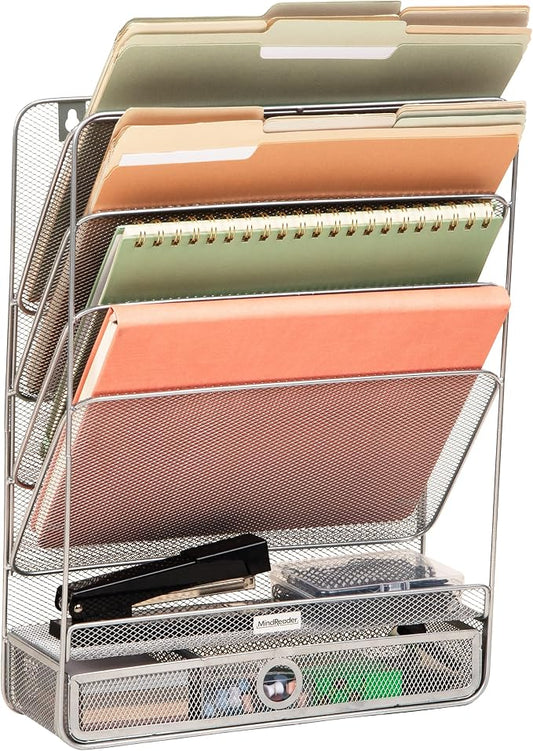 Mind Reader 4-Tier Vertical File Storage, Desktop Organizer, Wall Mount, Office, Metal Mesh, 12.5"L x 4"W x 16.5"H, Silver by MindReader