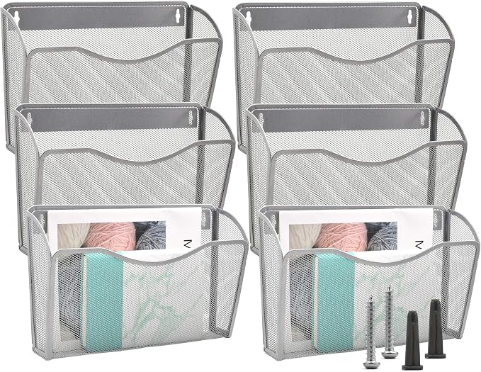 6 Single Pocket Mesh Hanging File Organizer, Vertical Wall Mounted Magazine File Holder, Mount Basket Mail Paper Document Folder Organizing for Office, Home and School, Silver by EASEPRES
